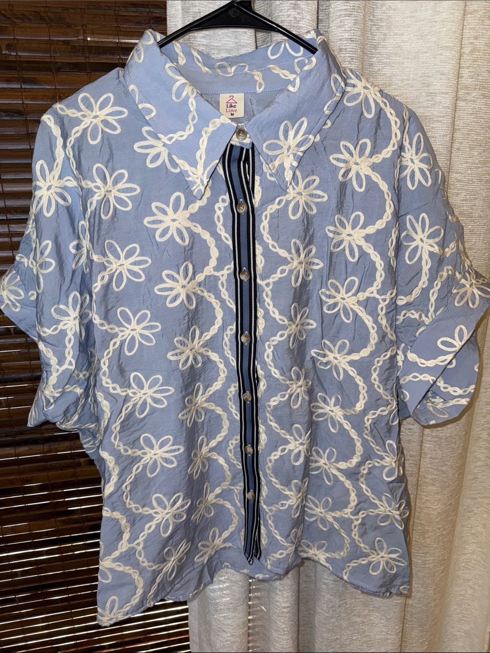 Light Blue Floral Embroidered Button-Front Blouse by Love